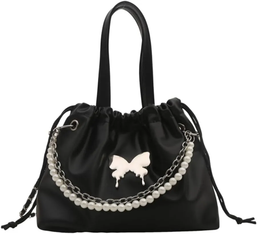 Women's Mini Bucket Bag Y2k Butterfly Satin Shoulder Bag Drawstring Handbag with Pearl Chain Small Crossbody Bag
