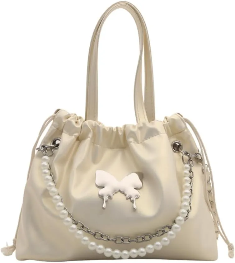 Women's Mini Bucket Bag Y2k Butterfly Satin Shoulder Bag Drawstring Handbag with Pearl Chain Small Crossbody Bag