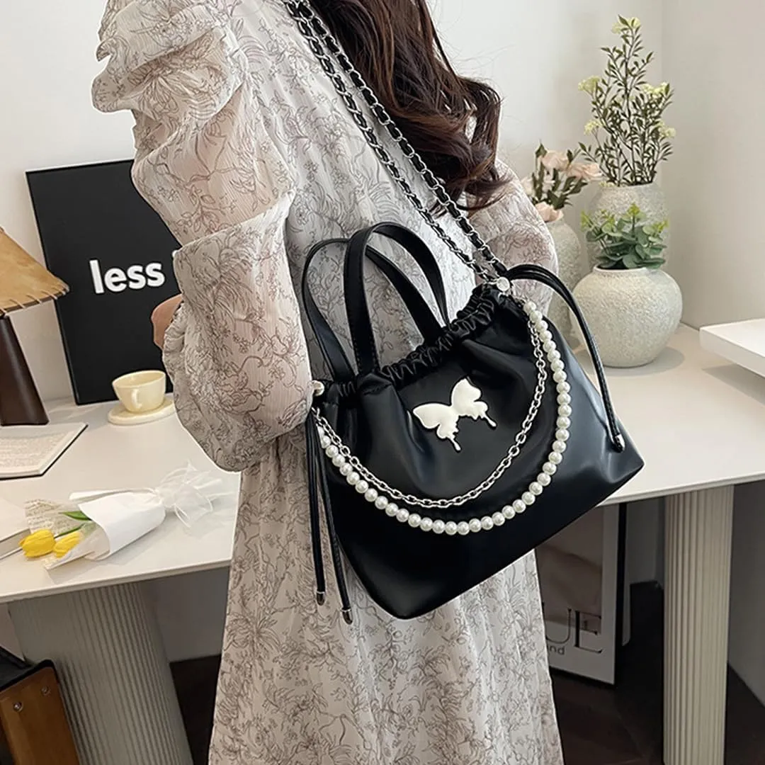 Women's Mini Bucket Bag Y2k Butterfly Satin Shoulder Bag Drawstring Handbag with Pearl Chain Small Crossbody Bag