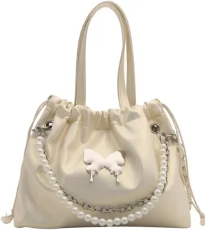 Women's Mini Bucket Bag Y2k Butterfly Satin Shoulder Bag Drawstring Handbag with Pearl Chain Small Crossbody Bag
