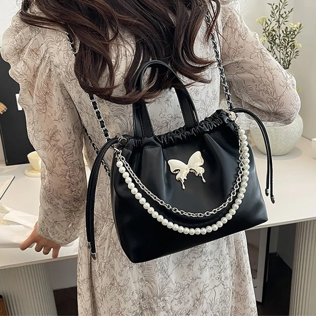 Women's Mini Bucket Bag Y2k Butterfly Satin Shoulder Bag Drawstring Handbag with Pearl Chain Small Crossbody Bag