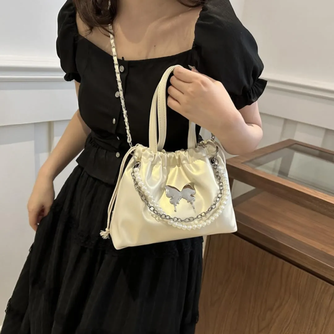 Women's Mini Bucket Bag Y2k Butterfly Satin Shoulder Bag Drawstring Handbag with Pearl Chain Small Crossbody Bag