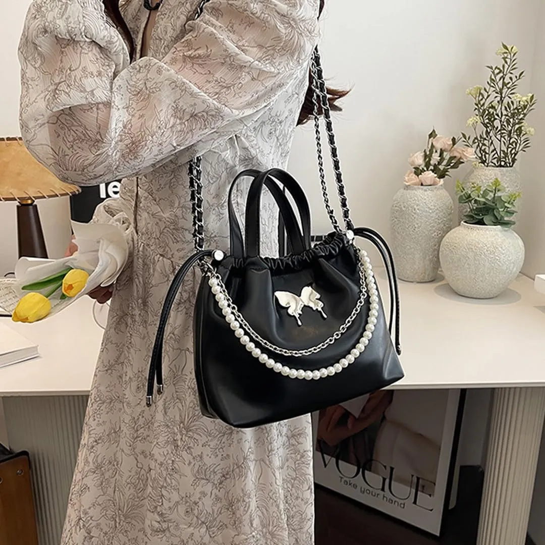 Women's Mini Bucket Bag Y2k Butterfly Satin Shoulder Bag Drawstring Handbag with Pearl Chain Small Crossbody Bag