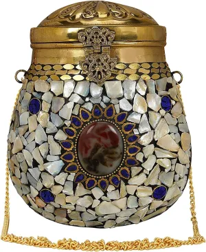 womens mosaic metal clutch crossbody cask bag bohemian pattern with golden chip and mother of pearls embossed gift for her, Blue, 7 inch