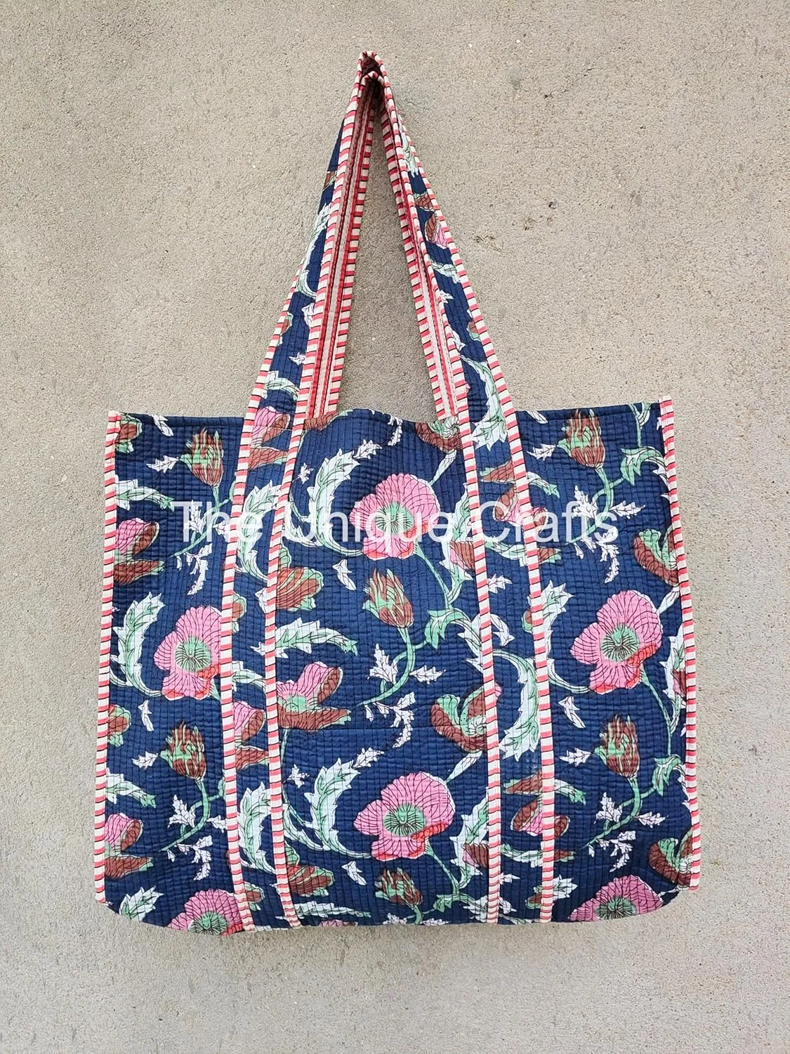 Women's Quilted Cotton Tote Bag Handprinted Reversible Hand Block Print Shoulder Bag Women Handbag Traveling Bag