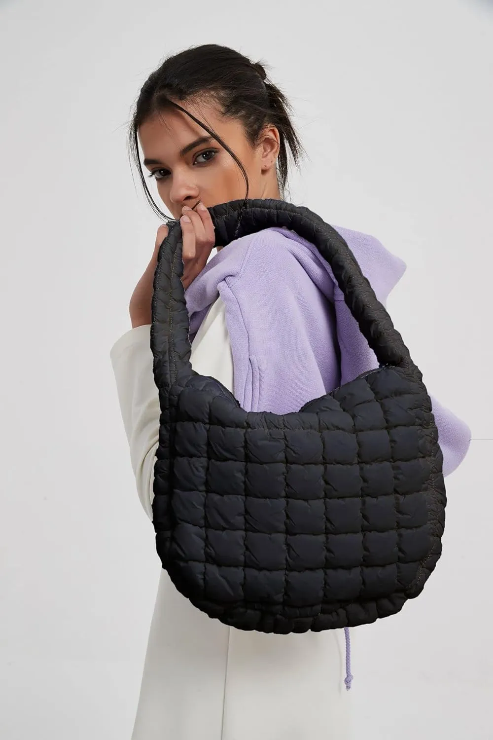 Women's Quilted Handbag Nylon Puffer Shoulder Bag Soft Puffy Tote Bag Lightweight Padding Underarm Hobo Bag