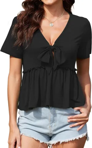 Womens Sexy V Neck Tops Summer Cute Ruffle Shirts Cutout Tie Bow Blouse Short Sleeve Crop Tops