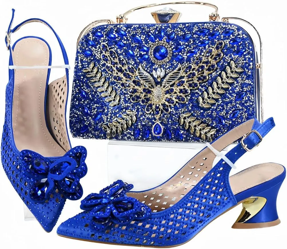 Women’S Shoes and Bag Set Evening Party Peep Toe Thin Pumps with Stone Decorations