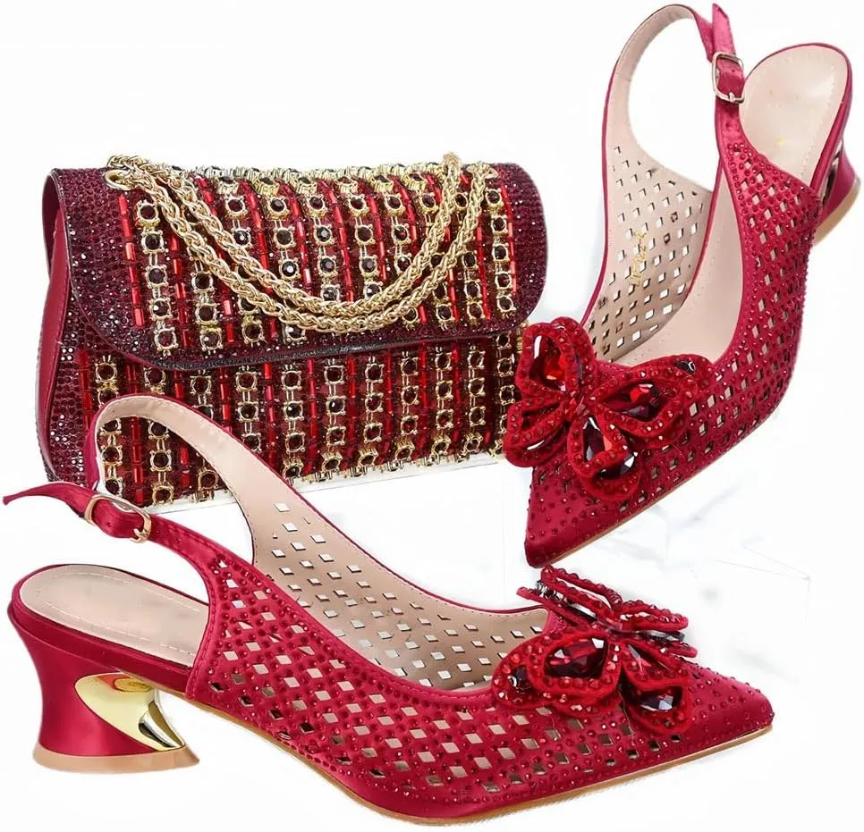 Women’S Shoes and Bag Set Evening Party Peep Toe Thin Pumps with Stone Decorations