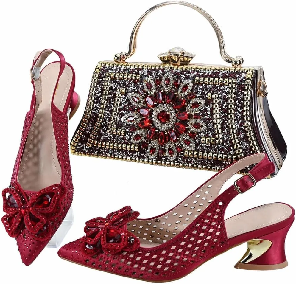 Women’S Shoes and Bag Set Evening Party Peep Toe Thin Pumps with Stone Decorations