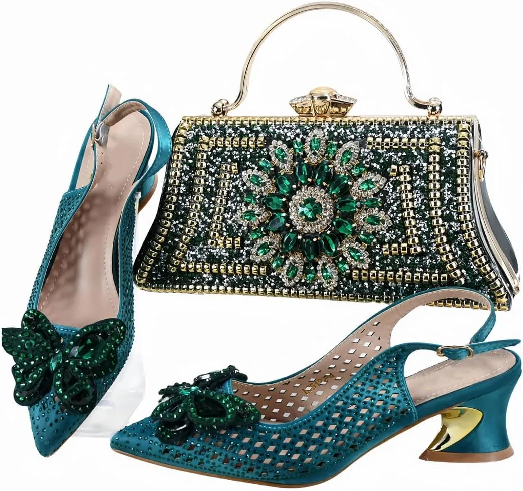 Women’S Shoes and Bag Set Evening Party Peep Toe Thin Pumps with Stone Decorations