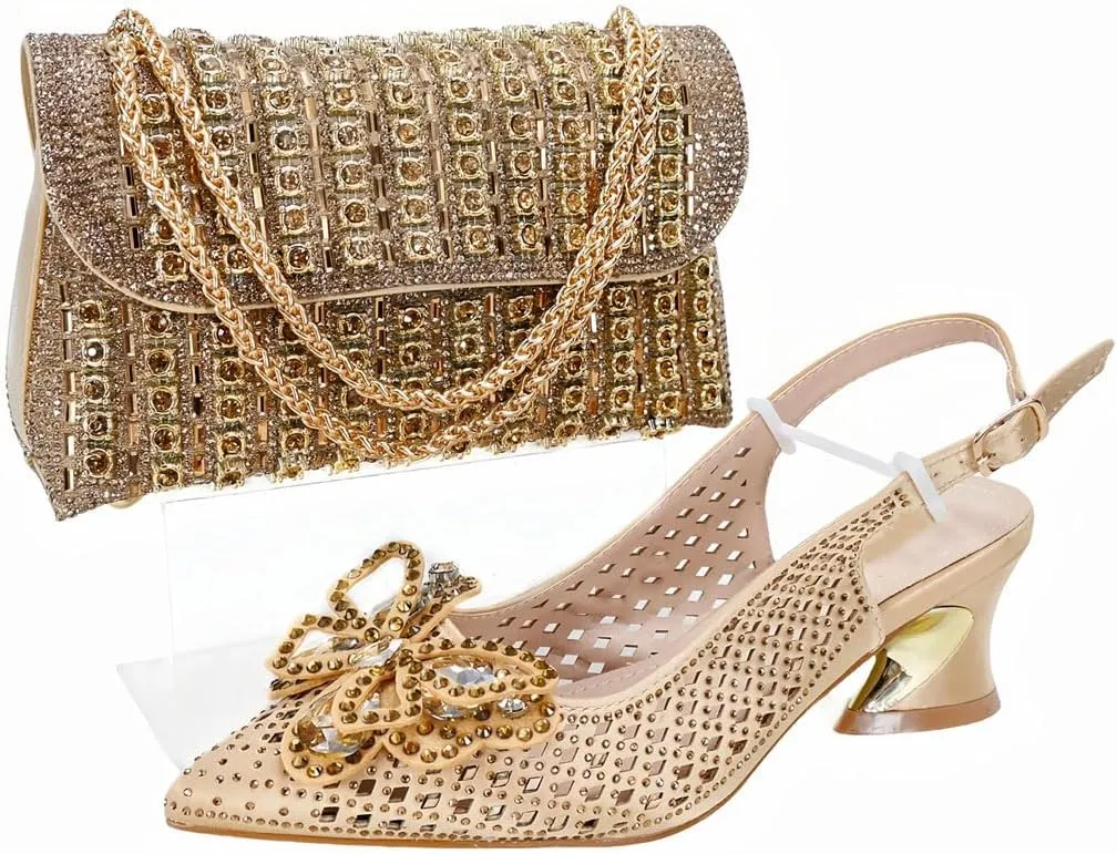 Women’S Shoes and Bag Set Evening Party Peep Toe Thin Pumps with Stone Decorations