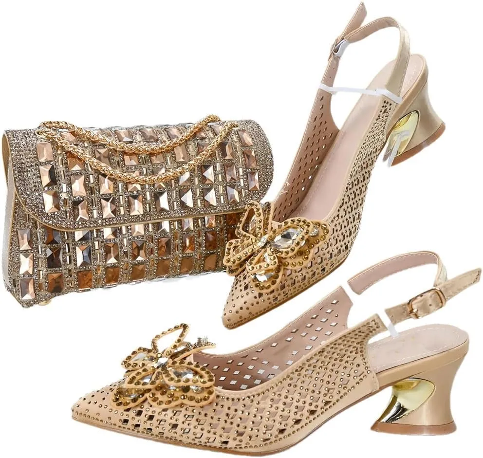 Women’S Shoes and Bag Set Evening Party Peep Toe Thin Pumps with Stone Decorations
