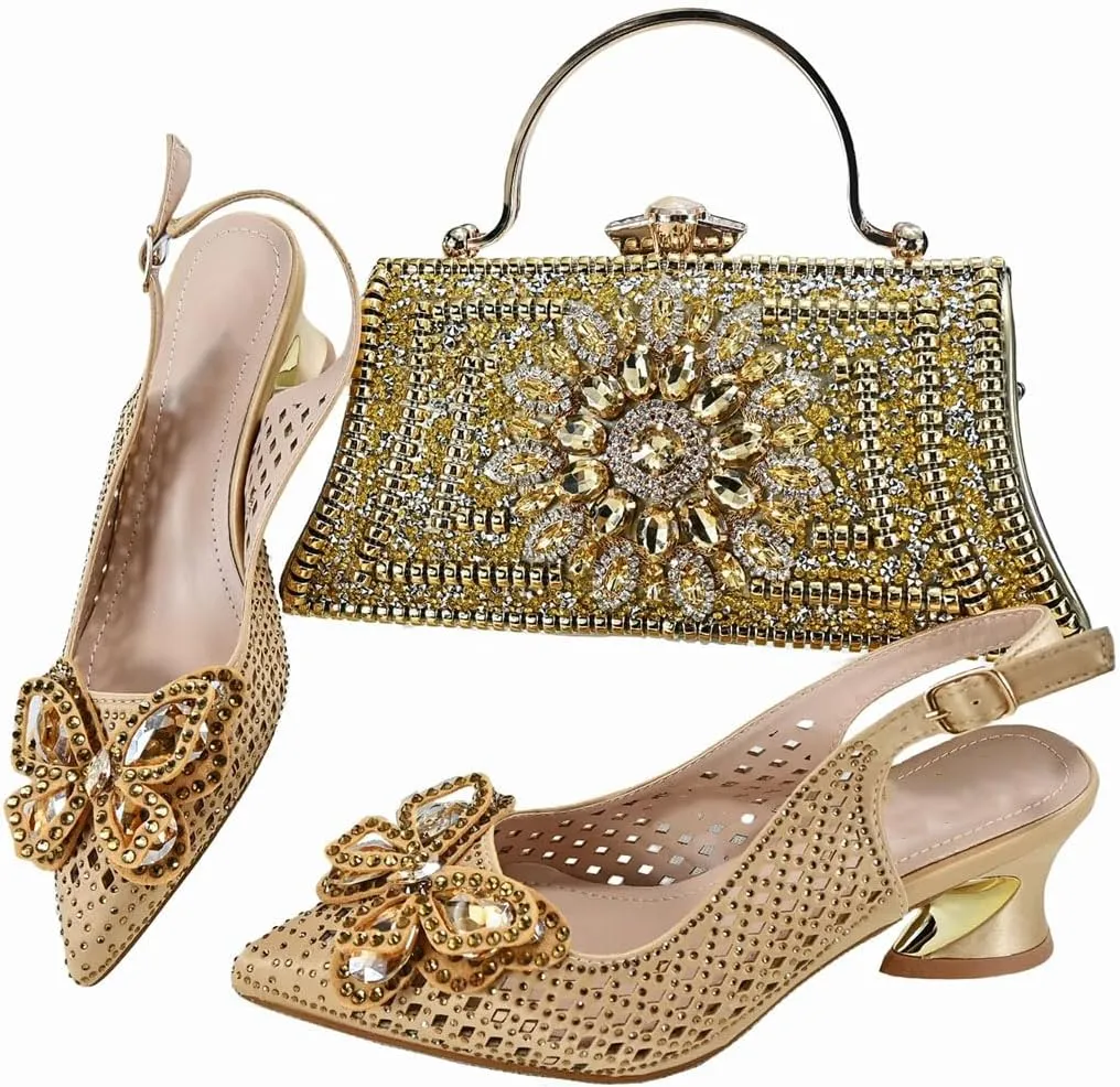 Women’S Shoes and Bag Set Evening Party Peep Toe Thin Pumps with Stone Decorations