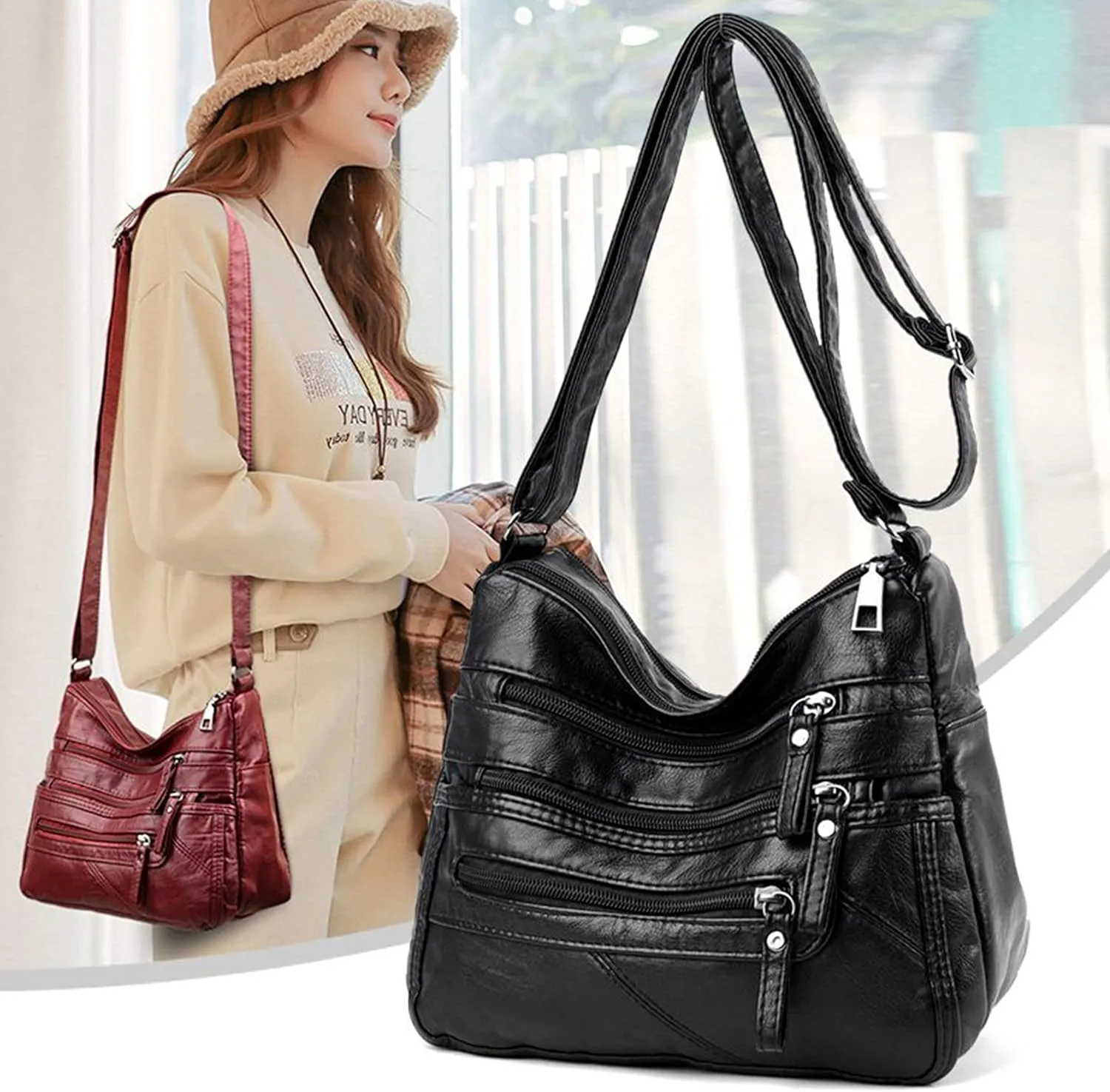 Womens Shoulder Bags Women Multi-Layer Classic Crossbody Bag Soft Leather Ladies Handbags