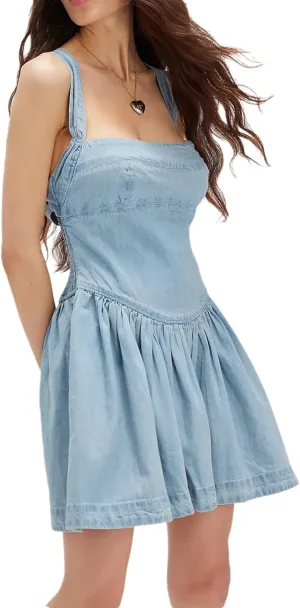 Women's Sleeveless Ruched Denim Dress Cross Tie Back Backless A-Line Sexy Sling Jean Short Dress