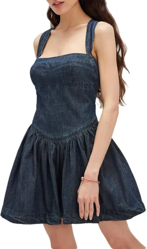 Women's Sleeveless Ruched Denim Dress Cross Tie Back Backless A-Line Sexy Sling Jean Short Dress