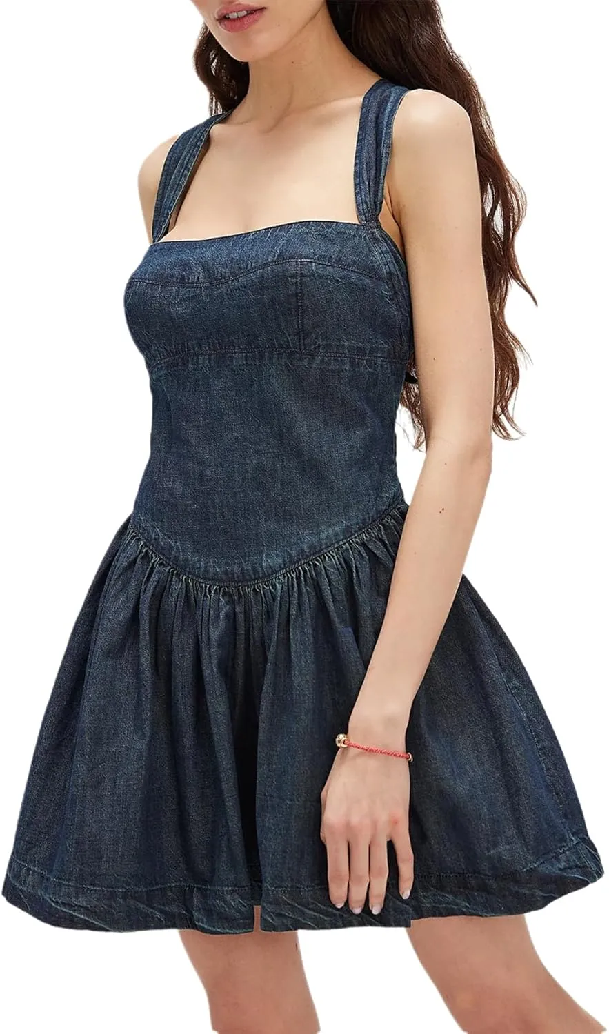 Women's Sleeveless Ruched Denim Dress Cross Tie Back Backless A-Line Sexy Sling Jean Short Dress