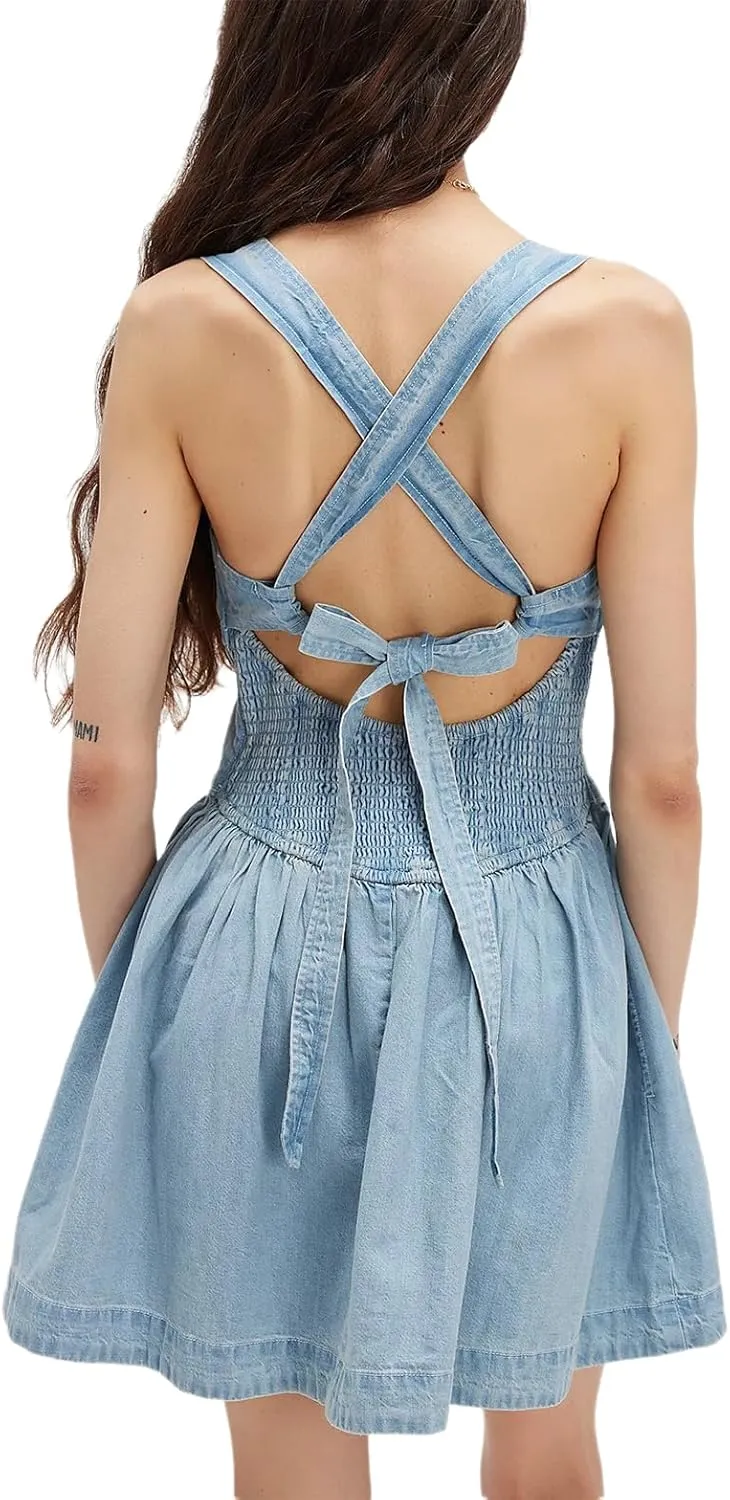 Women's Sleeveless Ruched Denim Dress Cross Tie Back Backless A-Line Sexy Sling Jean Short Dress