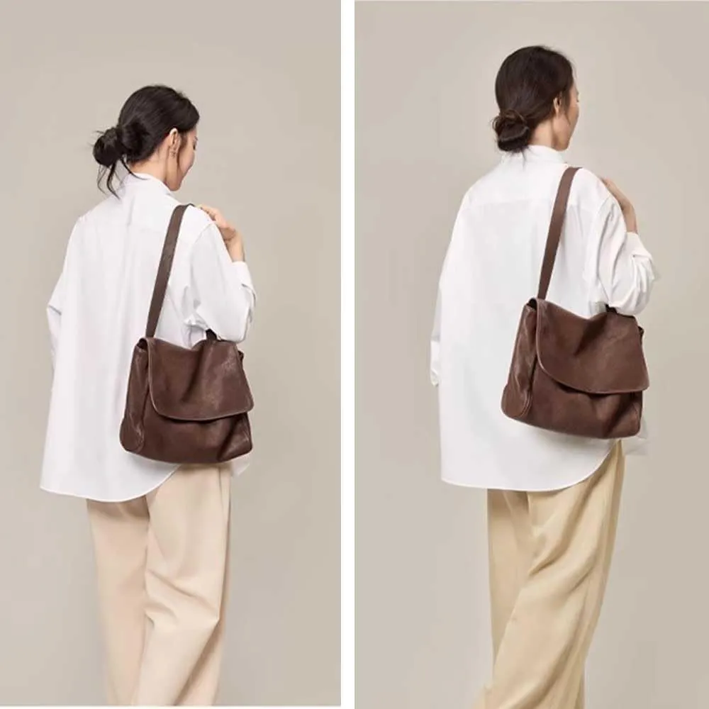 Women's soft leather handbag large capacity shoulder bag, flip cover mailman leather shoulder bag