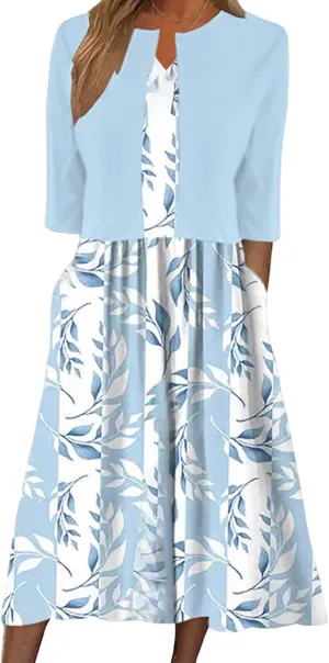 Womens Spring Summer Dress Two-Piece Plant Print Midi Dress V-Neck Half Sleeve with Jacket A-line Casual Dress