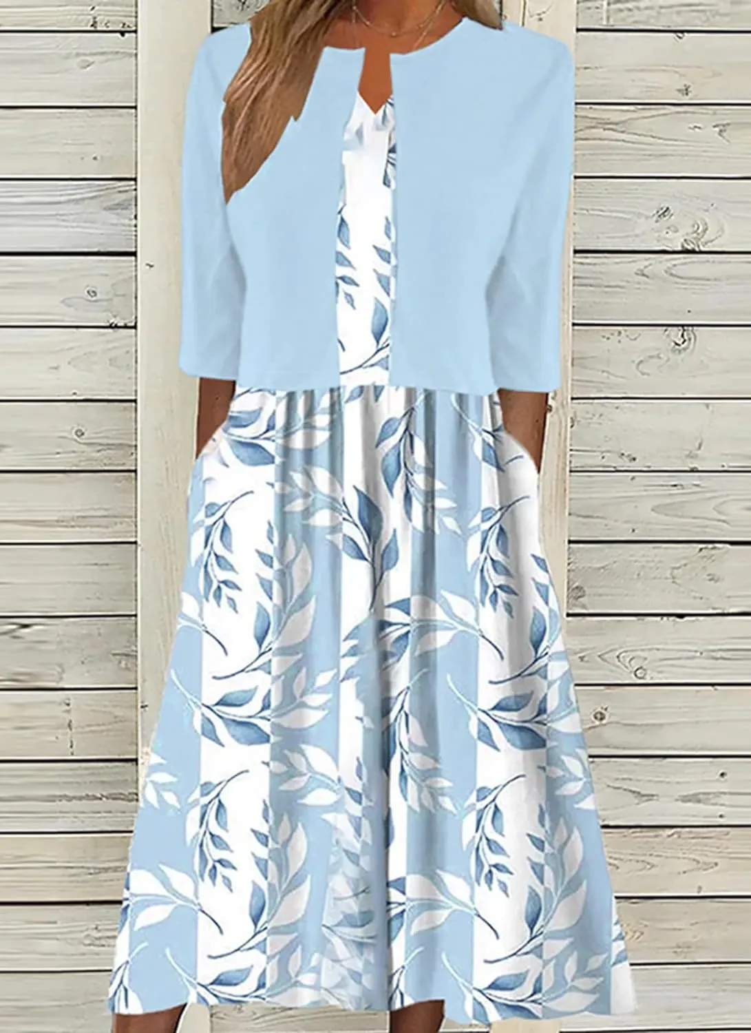 Womens Spring Summer Dress Two-Piece Plant Print Midi Dress V-Neck Half Sleeve with Jacket A-line Casual Dress