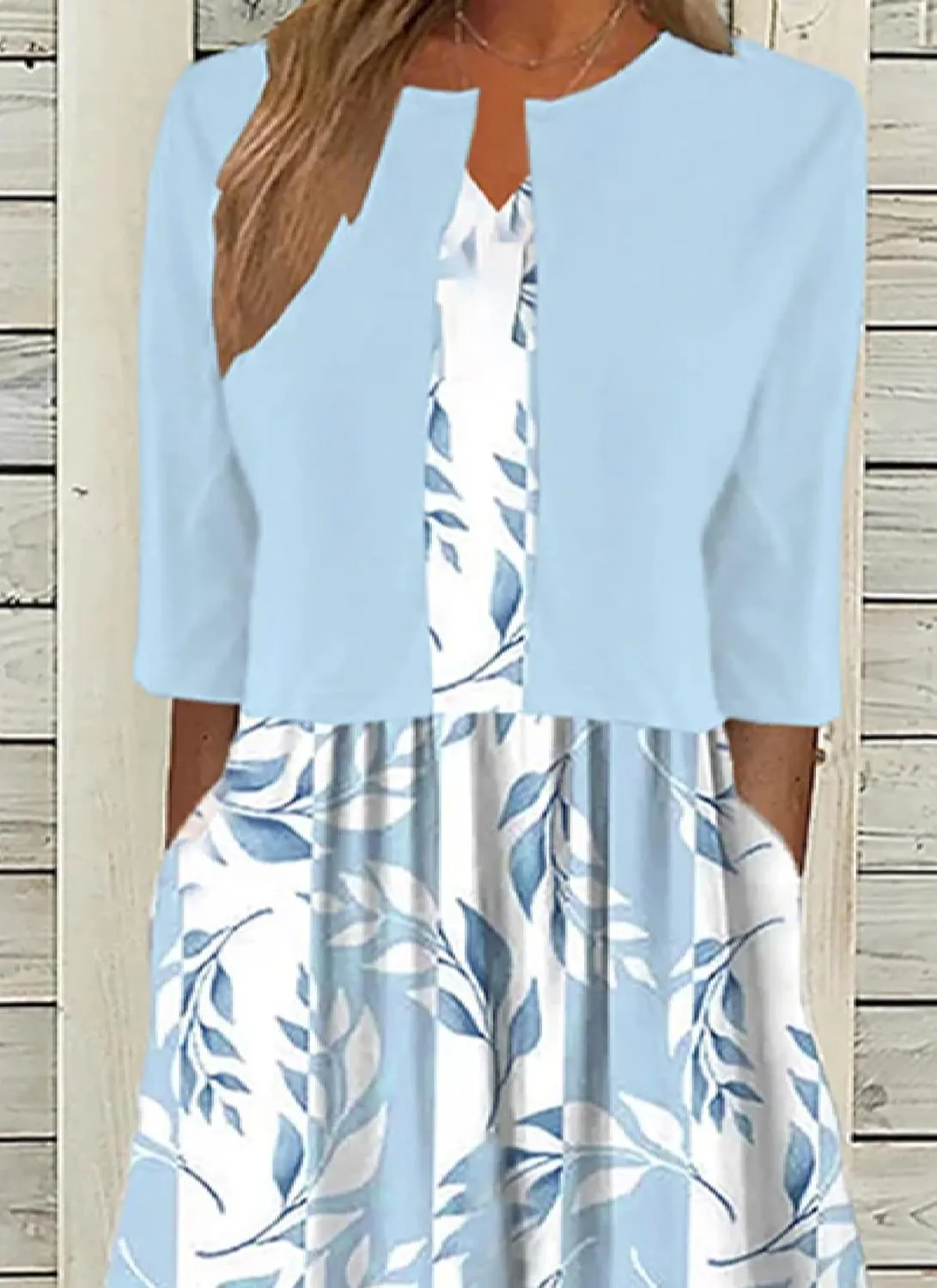 Womens Spring Summer Dress Two-Piece Plant Print Midi Dress V-Neck Half Sleeve with Jacket A-line Casual Dress