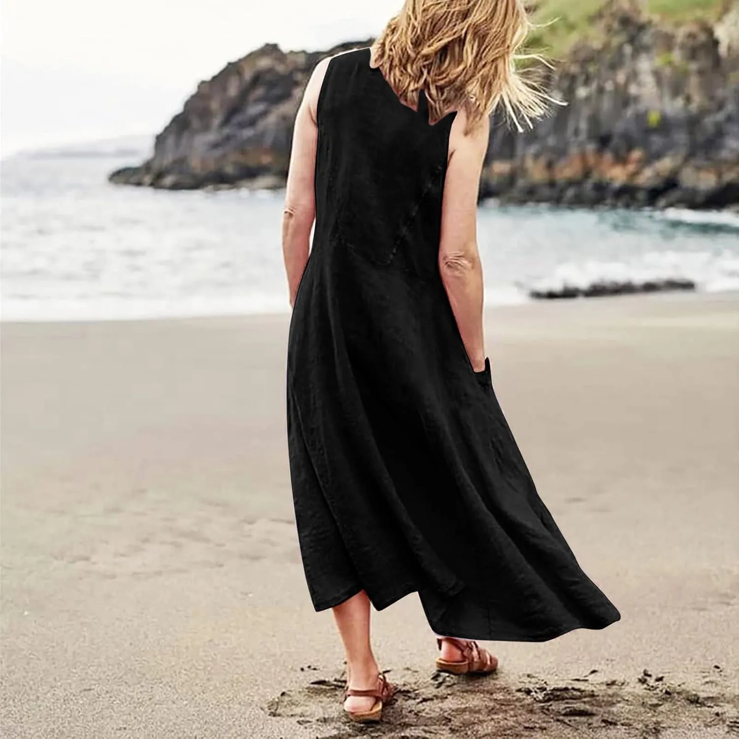 Women's Summer Cotton Linen Long Dress Sleeveless Elegant Flowy Dresses Plus Size Loose Comfy Dress with Pockets