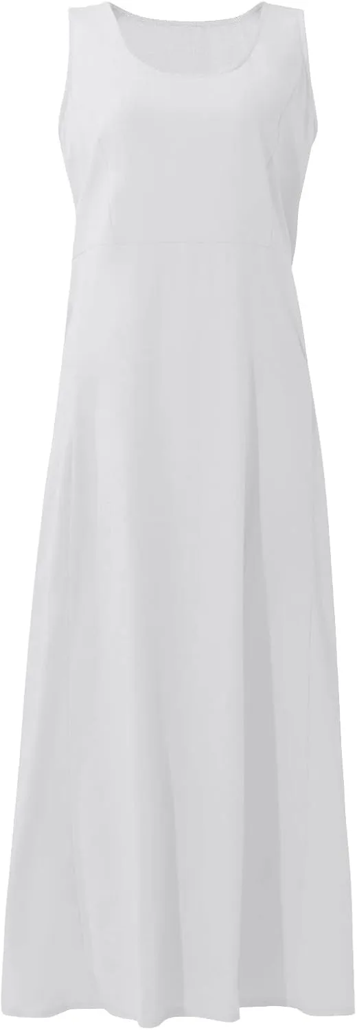 Women's Summer Cotton Linen Long Dress Sleeveless Elegant Flowy Dresses Plus Size Loose Comfy Dress with Pockets