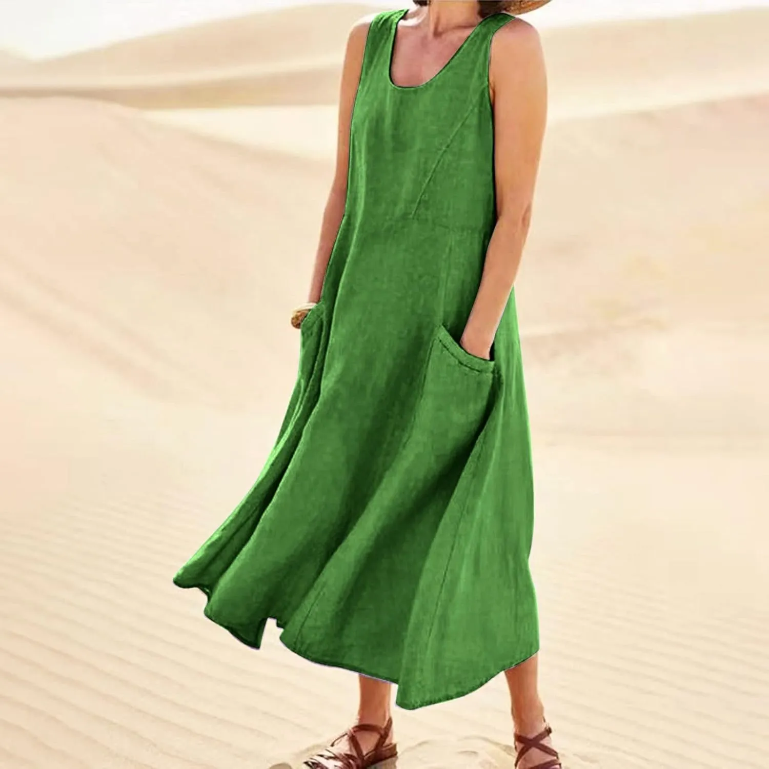 Women's Summer Cotton Linen Long Dress Sleeveless Elegant Flowy Dresses Plus Size Loose Comfy Dress with Pockets