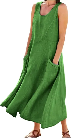Women's Summer Cotton Linen Long Dress Sleeveless Elegant Flowy Dresses Plus Size Loose Comfy Dress with Pockets