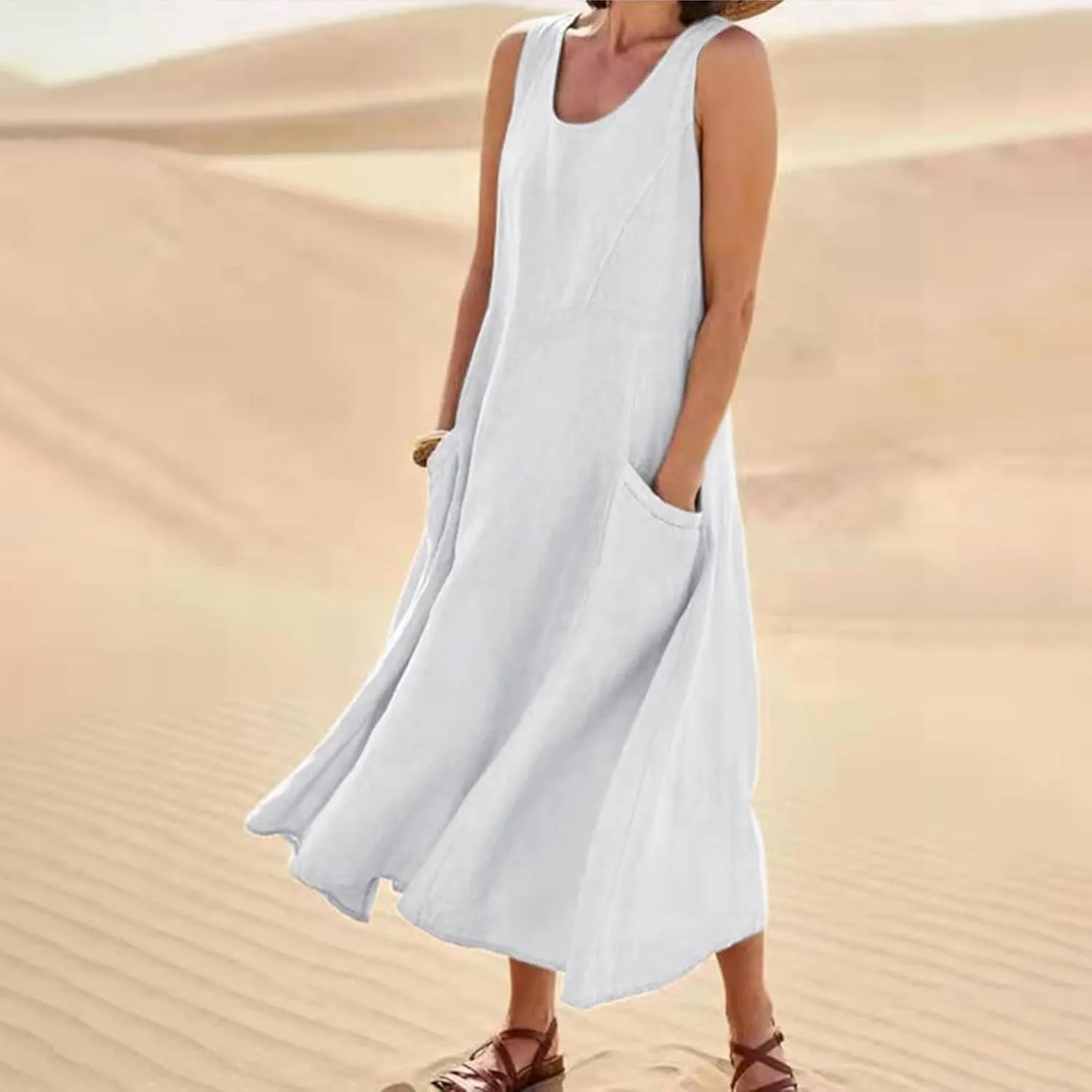 Women's Summer Cotton Linen Long Dress Sleeveless Elegant Flowy Dresses Plus Size Loose Comfy Dress with Pockets