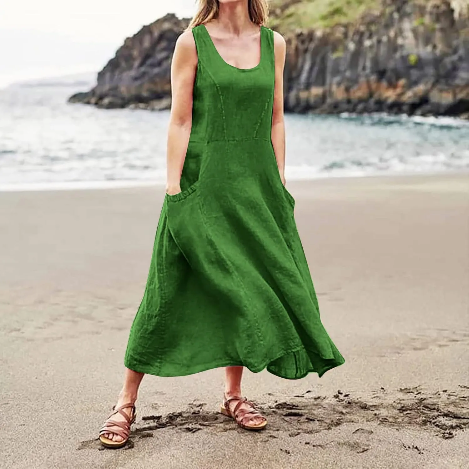 Women's Summer Cotton Linen Long Dress Sleeveless Elegant Flowy Dresses Plus Size Loose Comfy Dress with Pockets