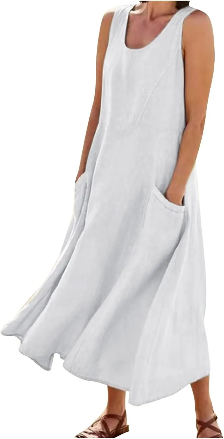 Women's Summer Cotton Linen Long Dress Sleeveless Elegant Flowy Dresses Plus Size Loose Comfy Dress with Pockets