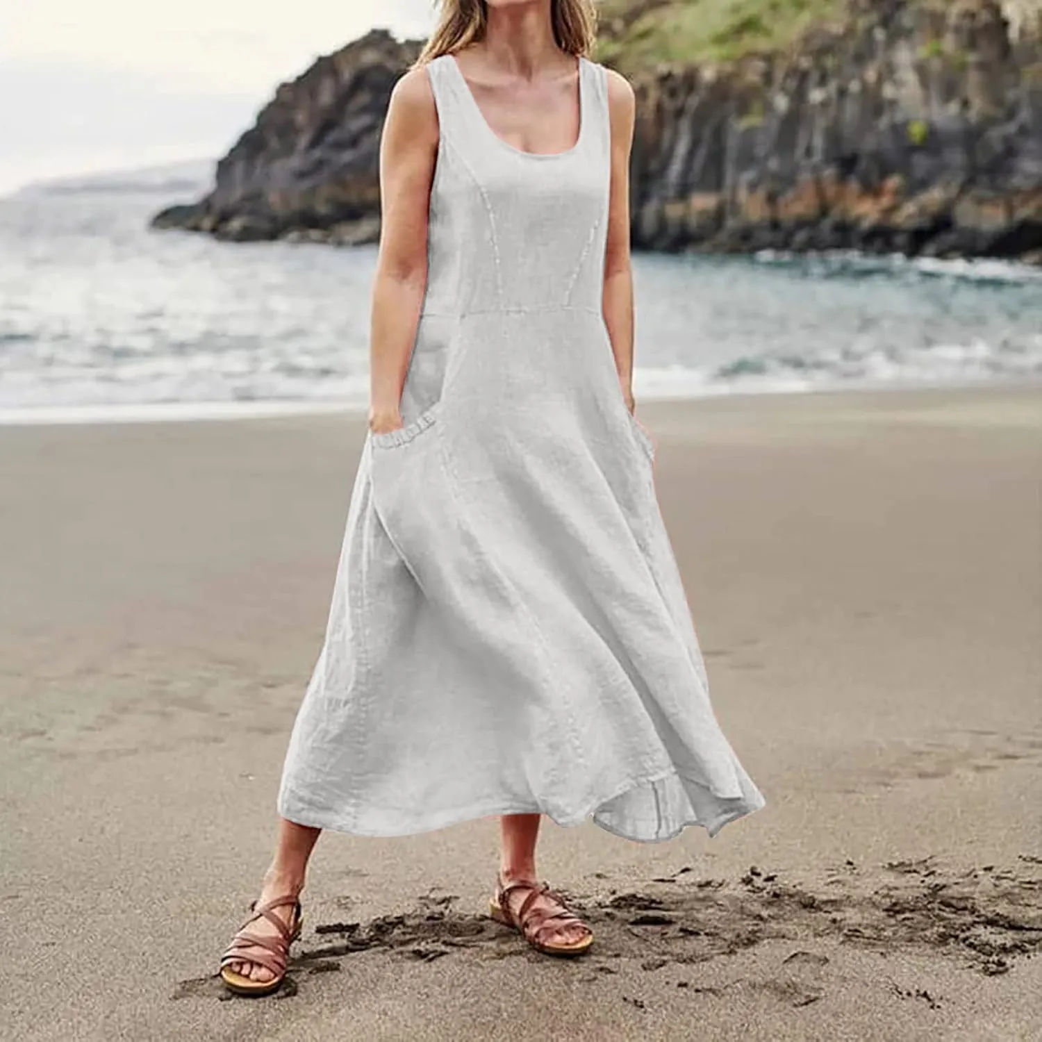 Women's Summer Cotton Linen Long Dress Sleeveless Elegant Flowy Dresses Plus Size Loose Comfy Dress with Pockets