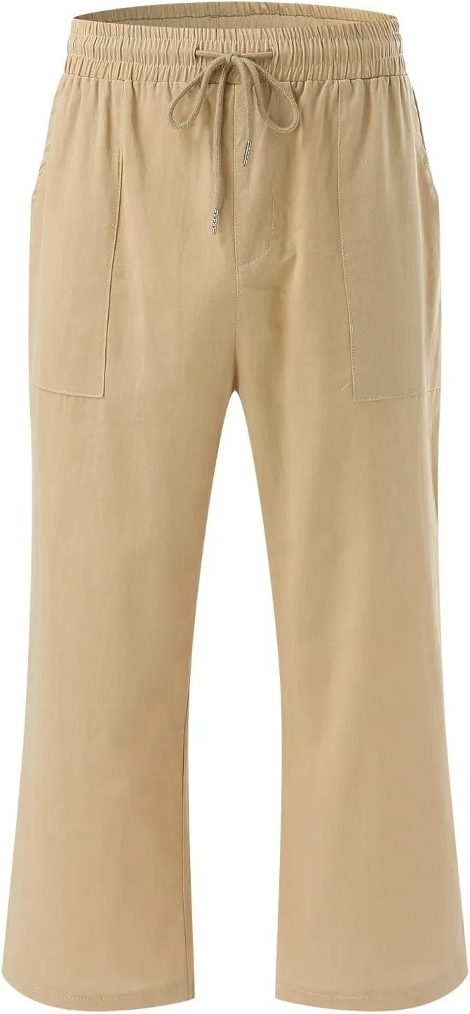 Womens Summer Flowy Cotton Linen Palazzo Wide Leg Pants Pajamas High Waisted Pant Long Trousers with Pocket