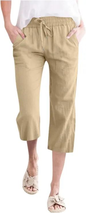 Womens Summer Flowy Cotton Linen Palazzo Wide Leg Pants Pajamas High Waisted Pant Long Trousers with Pocket