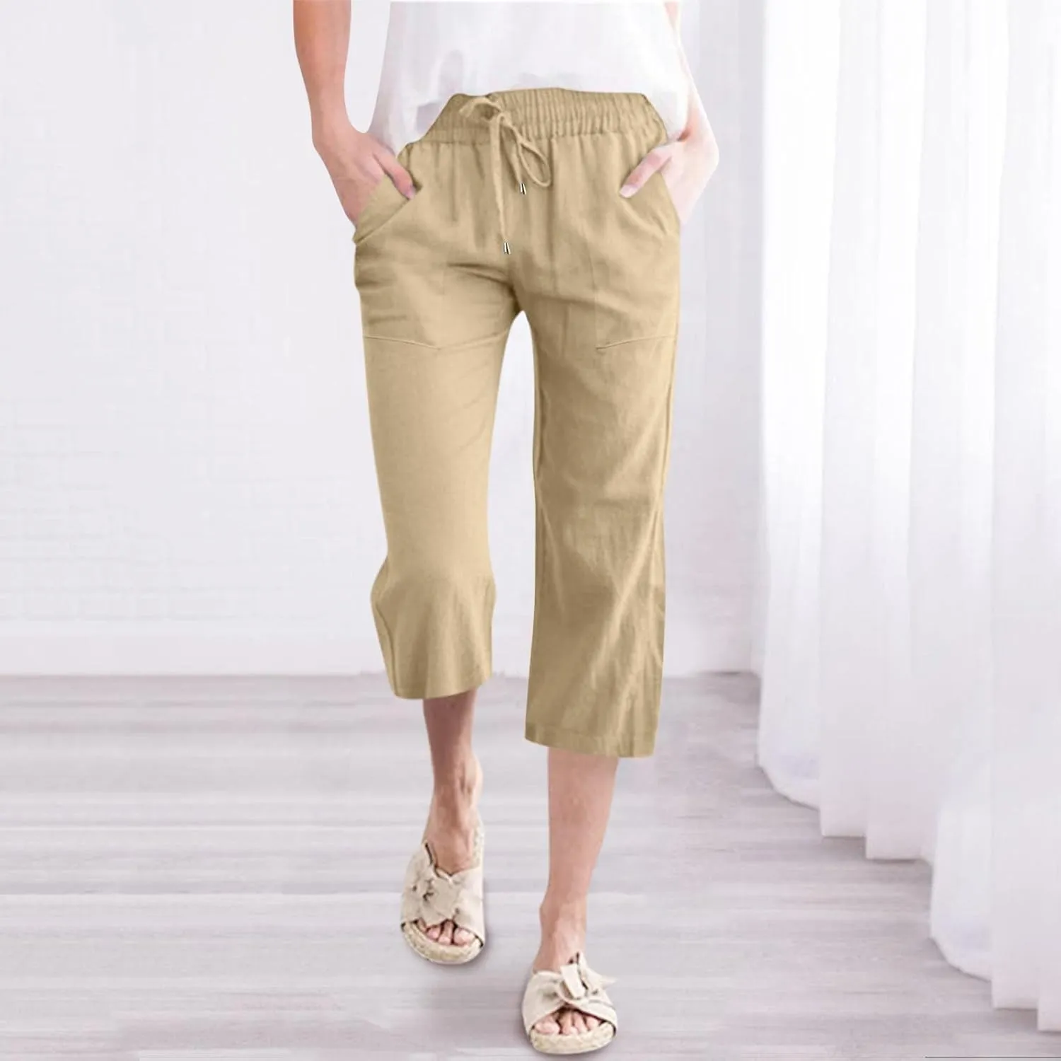Womens Summer Flowy Cotton Linen Palazzo Wide Leg Pants Pajamas High Waisted Pant Long Trousers with Pocket
