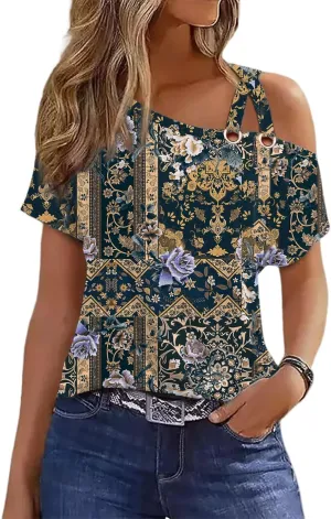 Womens Summer Trendy Cold Shoulder Short Sleeve T Shirts Criss Cross Casual Loose Tunic Shirts Tops Blouses