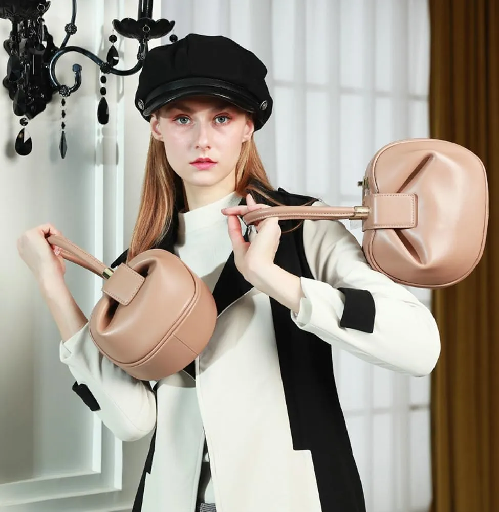 Women's Trendy Genuine Leather Clutch Purse Sphere Wristlet Handbags Mini Tote Bag Elegant Ladies Shoulder Satchels