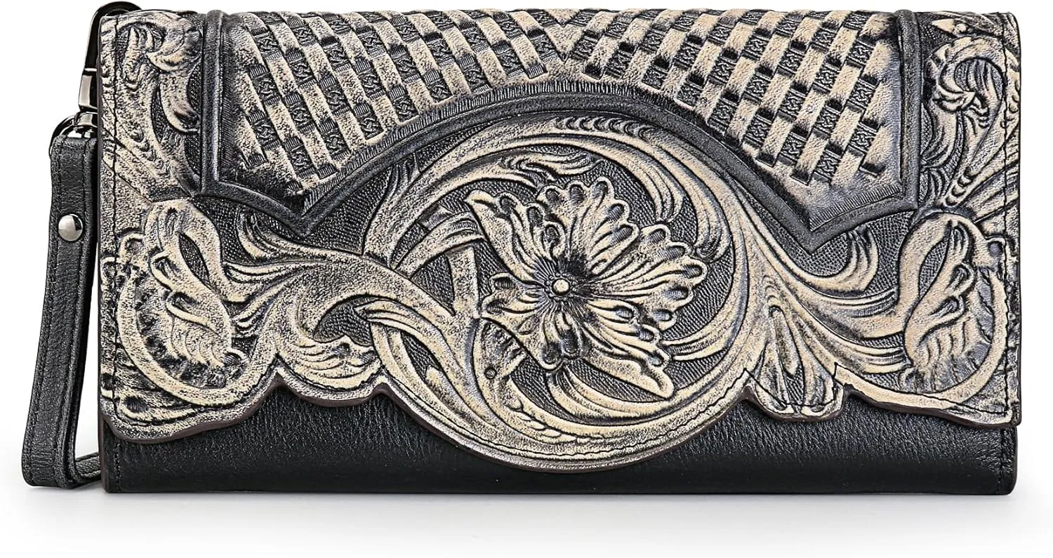 Women's Wallet Genuine Leather Snap Wallets Vintage Purse Organizer Clutch Bag with Wristlet