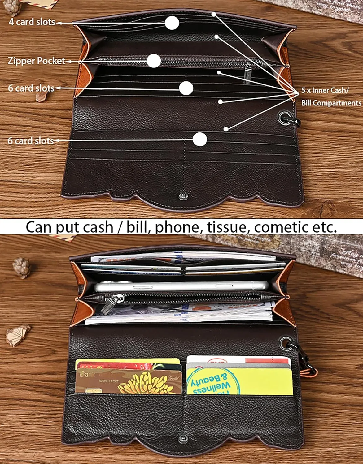 Women's Wallet Genuine Leather Snap Wallets Vintage Purse Organizer Clutch Bag with Wristlet