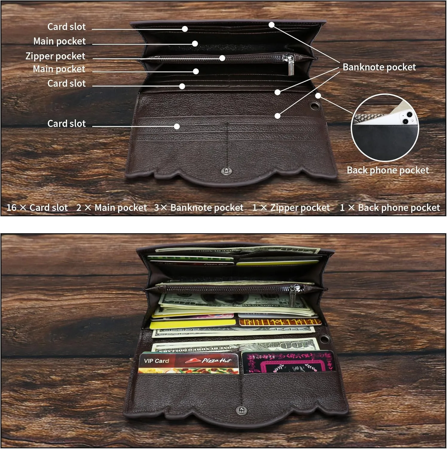 Women's Wallet Genuine Leather Snap Wallets Vintage Purse Organizer Clutch Bag with Wristlet