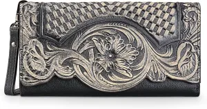 Women's Wallet Genuine Leather Snap Wallets Vintage Purse Organizer Clutch Bag with Wristlet