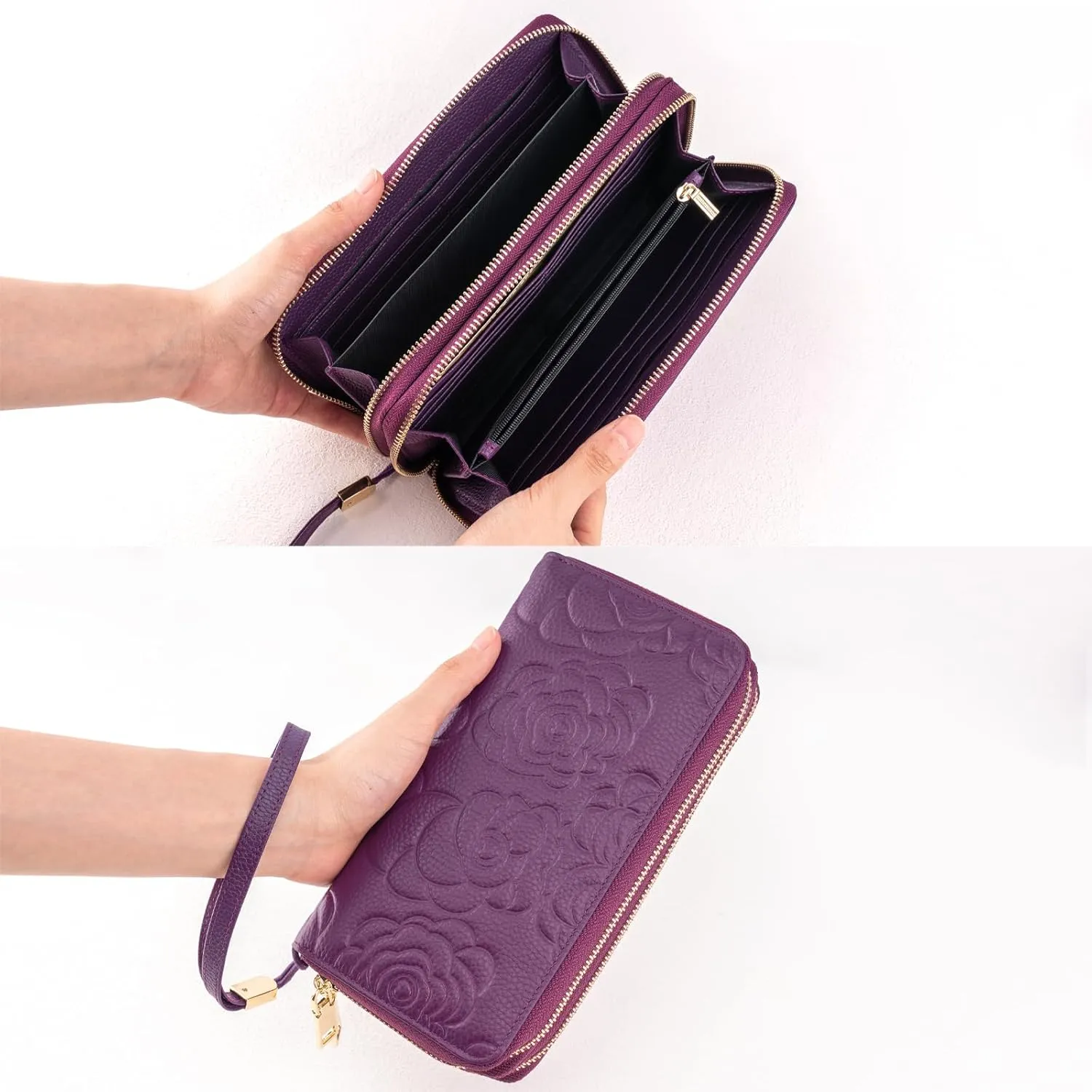 Women's Wallet RFID Blocking Leather Double Zip Large Capacity Card Holder Ladies Phone Clutch Long Purse Wristlet