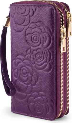 Women's Wallet RFID Blocking Leather Double Zip Large Capacity Card Holder Ladies Phone Clutch Long Purse Wristlet