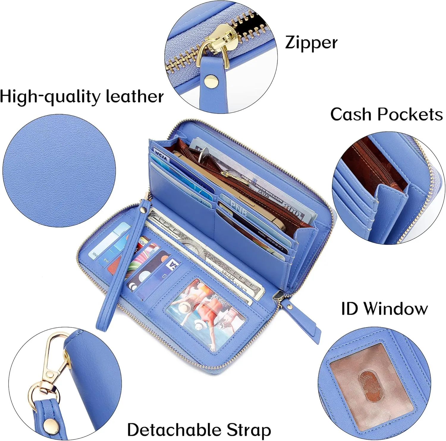 Womens Wallet RFID Large Capacity Zip Around Wallet PU Leather Credit Card Holder Clutch Wristlet Wallet Travel Purse