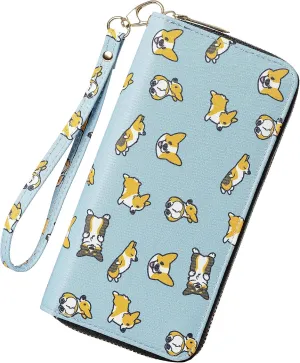 Women's Wallet Wristlet Long Purse Zip RFID Blocking Leather Wallet Corgi Design Large Capacity Credit Card Clutch Ladies Travel Purse Wristlet (Zipper Corgi Blue)