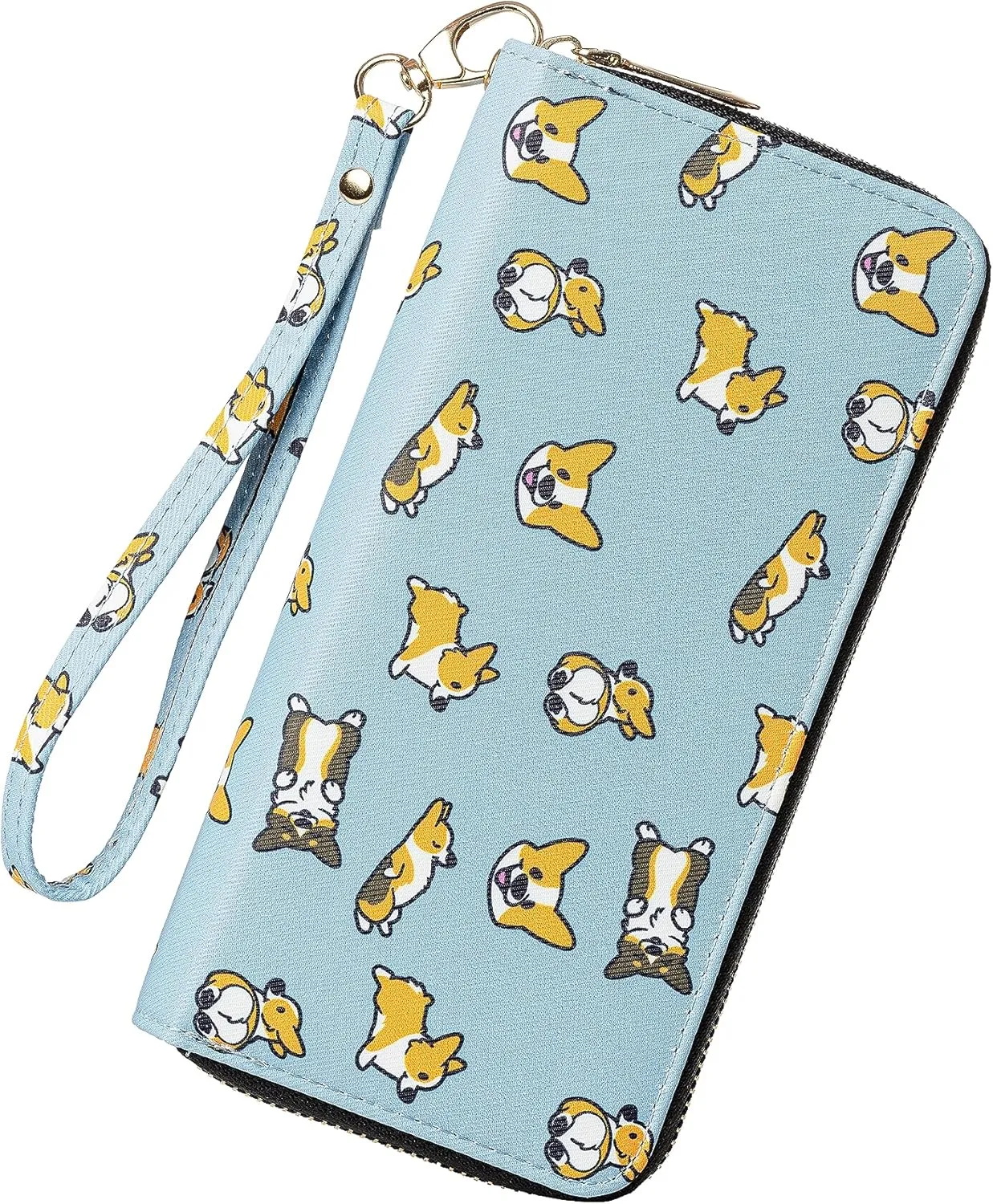 Women's Wallet Wristlet Long Purse Zip RFID Blocking Leather Wallet Corgi Design Large Capacity Credit Card Clutch Ladies Travel Purse Wristlet (Zipper Corgi Blue)