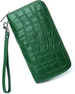Womens Wallets Large Capacity RFID Blocking Genuine Leather Wallet for Women Zip Clutch Card Holder with Wristlet